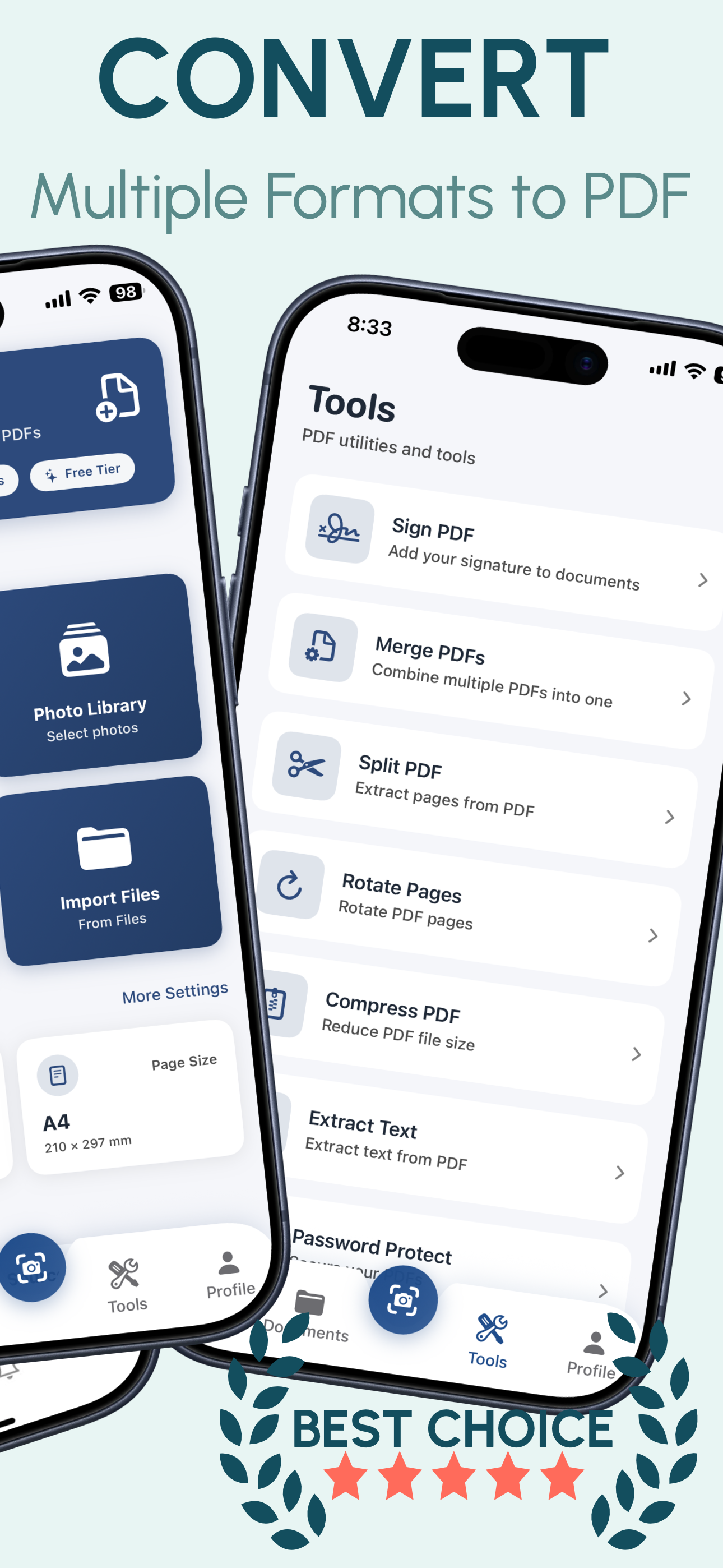 PixelPDF Convert Multiple Formats - tools screen showing JPG, PNG, HEIC support